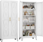 71" H Metal Kitchen Pantry Storage Cabinet, Freestanding Cupboard with 2 Doors and 4 Adjustable Shelves, Standing Storage for Kitchen, Bathroom, Garage, Dinning Room or Utility Room（White）
