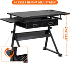 LEMY Drafting Table Art Desk, Height Adjustable Drawing Table Tilting Tabletop Work Station with Stool and Storage Drawer for Home, Office, Writing, Black