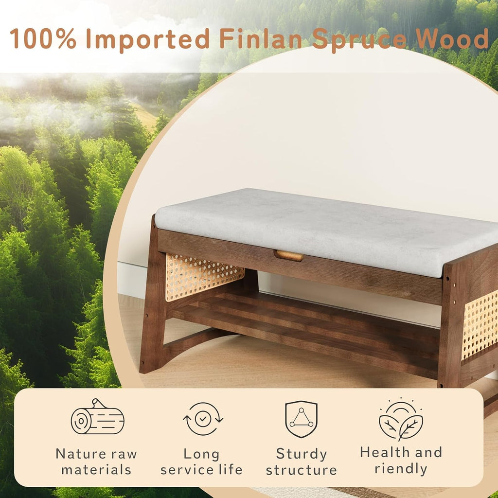 Shoe Rack Bench with Flip-Top Storage, 35.4" W x 15.7" H Solid Wood Entryway Bench Shoe Organizer with Cushion Side Hooks for Front Door Entrance Hallway Foyer Closet Living Room Bedroom