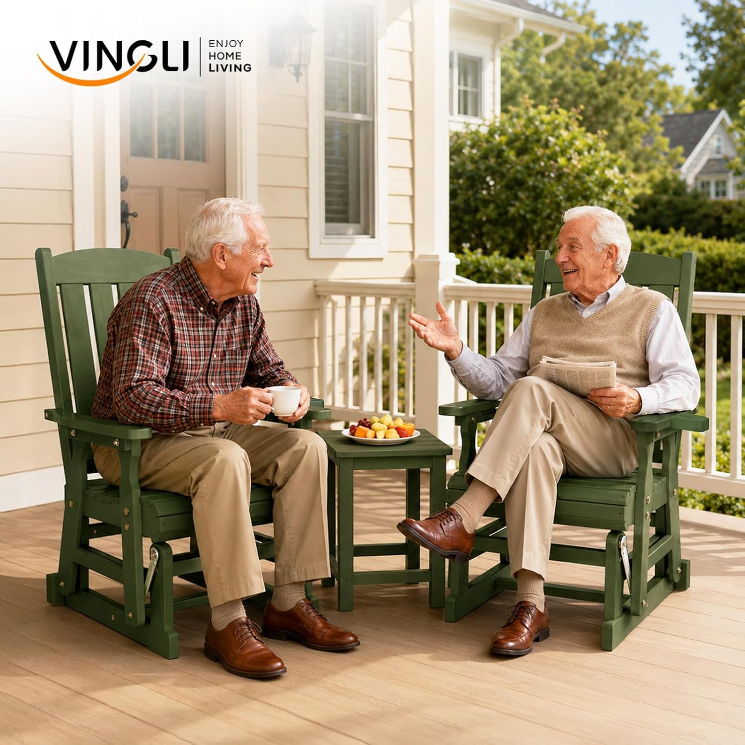 VINGLI Outdoor Glider Chair Wood Patio Glider with Cup Holder, Porch Glider with Smooth Rocking Mechanism, Heavy Duty 600 LBS, Dark Green