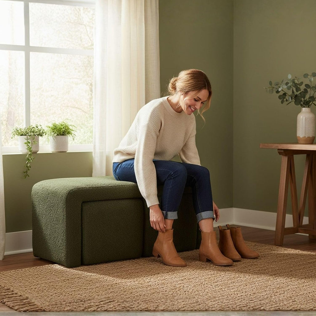 ROCITY Green Boucle Bedroom Bench Small Upholstered Entryway Bench Modern Sherpa Footstool Sofa Footrest Extra Seating for Living Room, End of Bed, Set of 3 Bench, 20+50 Inch Bench