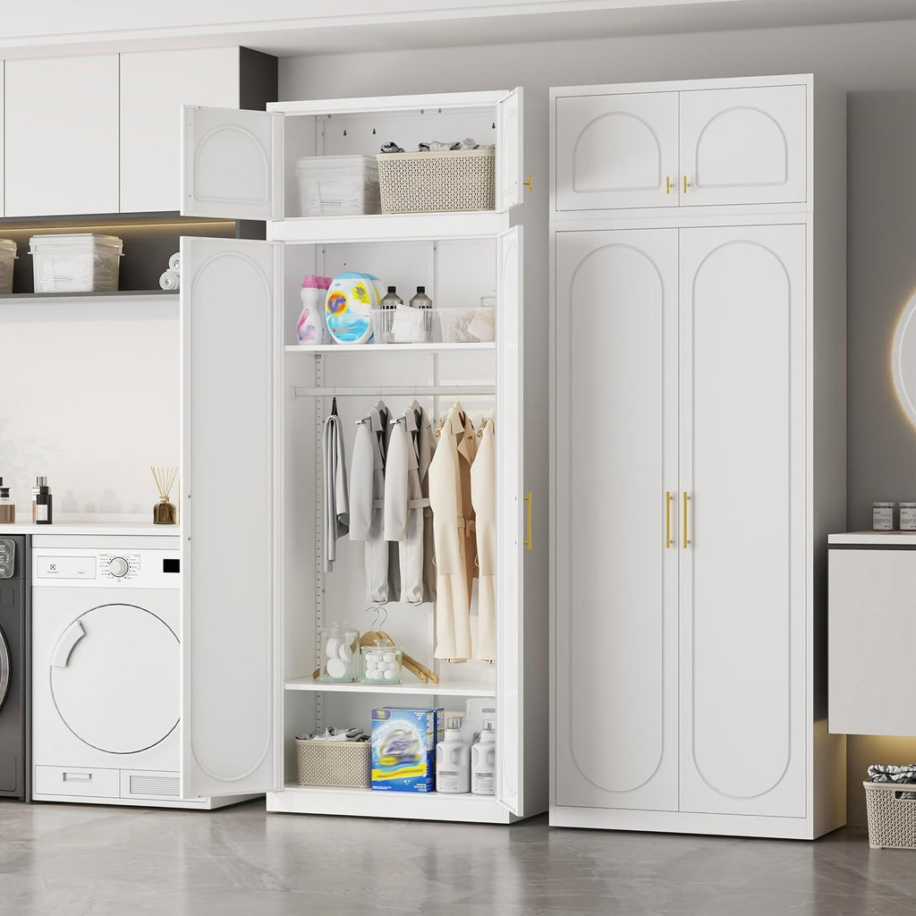 86" Tall Wardrobe Closet with Doors and Adjustable Shelves, White | Metal Armoire Wardrobe Closet, Wardrobe Cabinet with Hanging Rod, White Clothing Storage Cabinets for Bedroom, Home Office