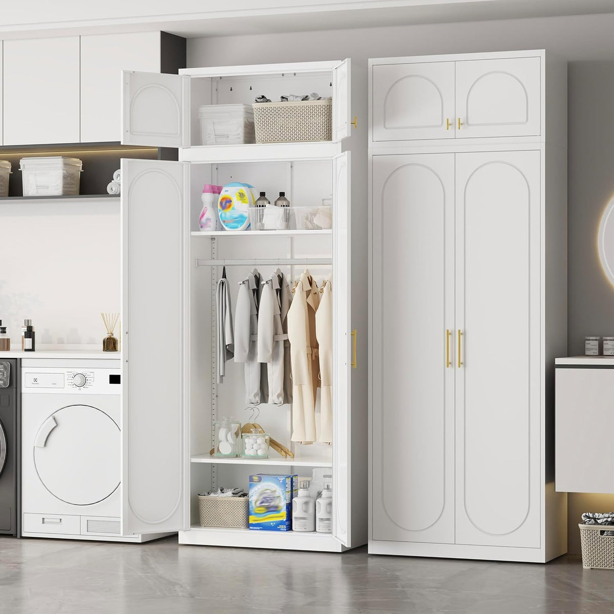 86" Tall Wardrobe Closet with Doors and Adjustable Shelves, White | Metal Armoire Wardrobe Closet, Wardrobe Cabinet with Hanging Rod, White Clothing Storage Cabinets for Bedroom, Home Office