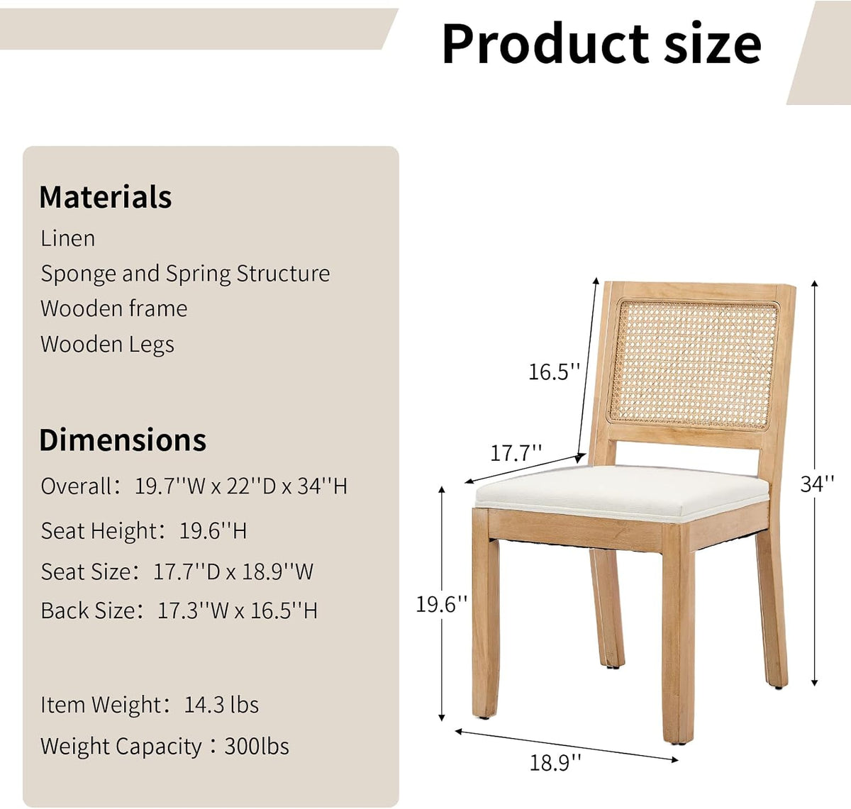 Vintage French Country Dining Chairs Set of 6, Rattan Dining Chairs with a Low Square Back, Beige Upholstered Dining Chair, Sillas para Comedor, Kitchen & Dining Room Chair (Beige, 6Pcs)