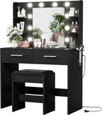 YESHOMY Vanity Desk with Mirror, Makeup Table, Pure Black | 2 Large Drawers, Power Outlet and Round Holder, 3 Color Modes Adjustable Bulb, Bench Included