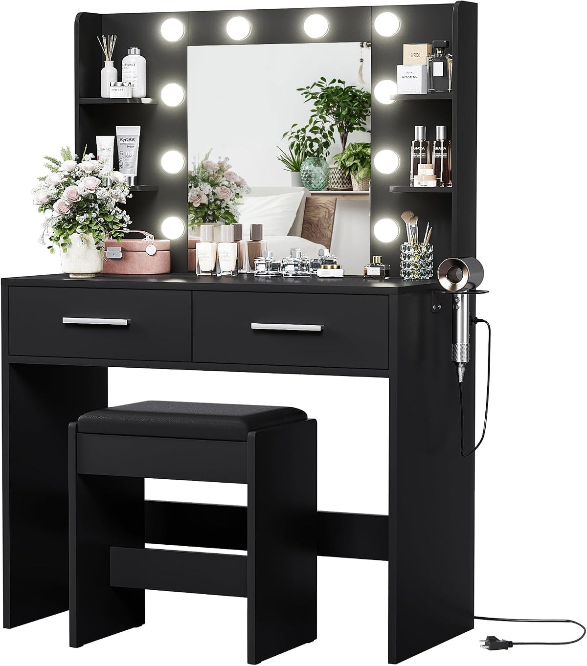 YESHOMY Vanity Desk with Mirror, Makeup Table, Pure Black | 2 Large Drawers, Power Outlet and Round Holder, 3 Color Modes Adjustable Bulb, Bench Included