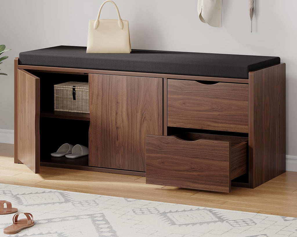 LVB 40” Entryway Bench with Padded Seat Cushion Shoe Bench with 2 Drawers | Wood Hidden Shoe Bench with 2 Drawers Cabinet, Industrial storage Bench for Foyer entrance Living Bedroom, Walnut Oak