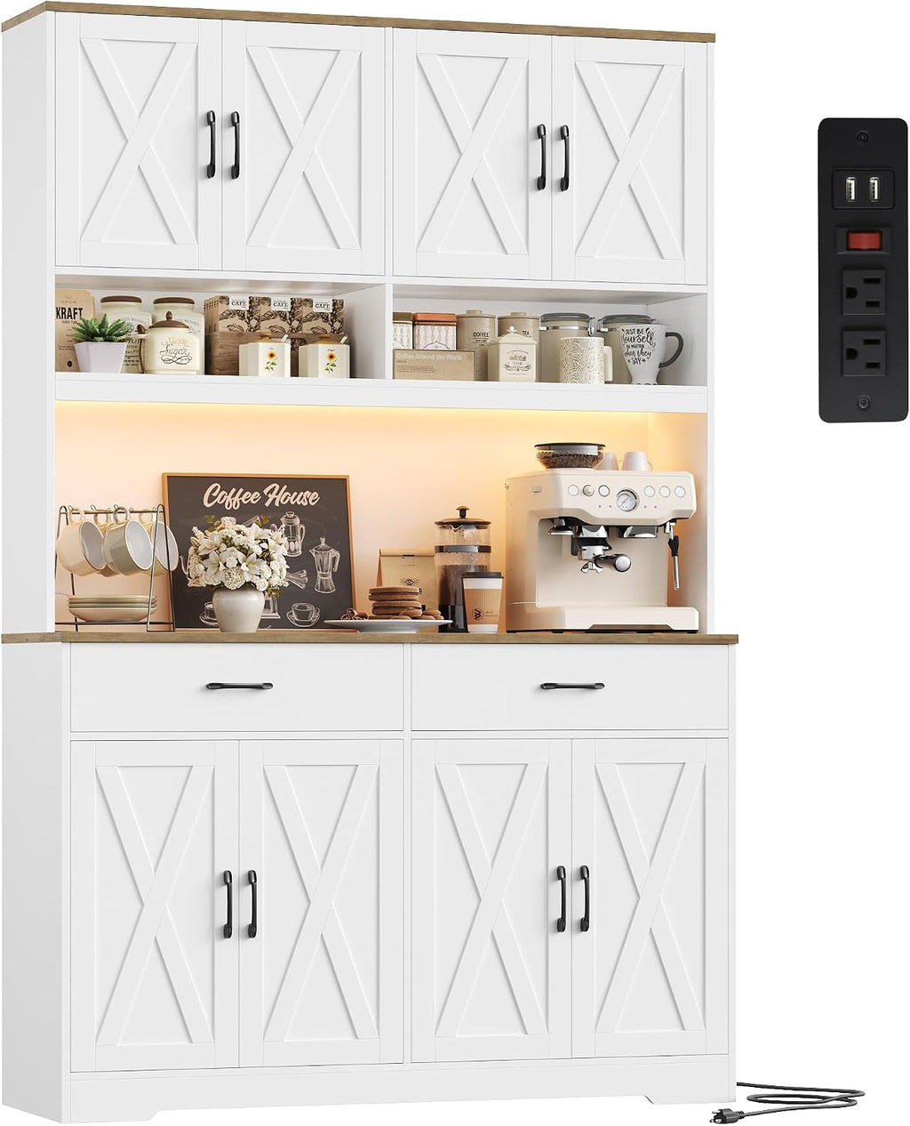 HOSTACK 75" Tall Kitchen Pantry Storage Cabinet, 45" W Hutch Cabinet, White | Farmhouse Pantry Cabinet with Charging Station / LED Lights / Countertop, Wood Kitchen Hutch with 2 Drawers for Dining Room
