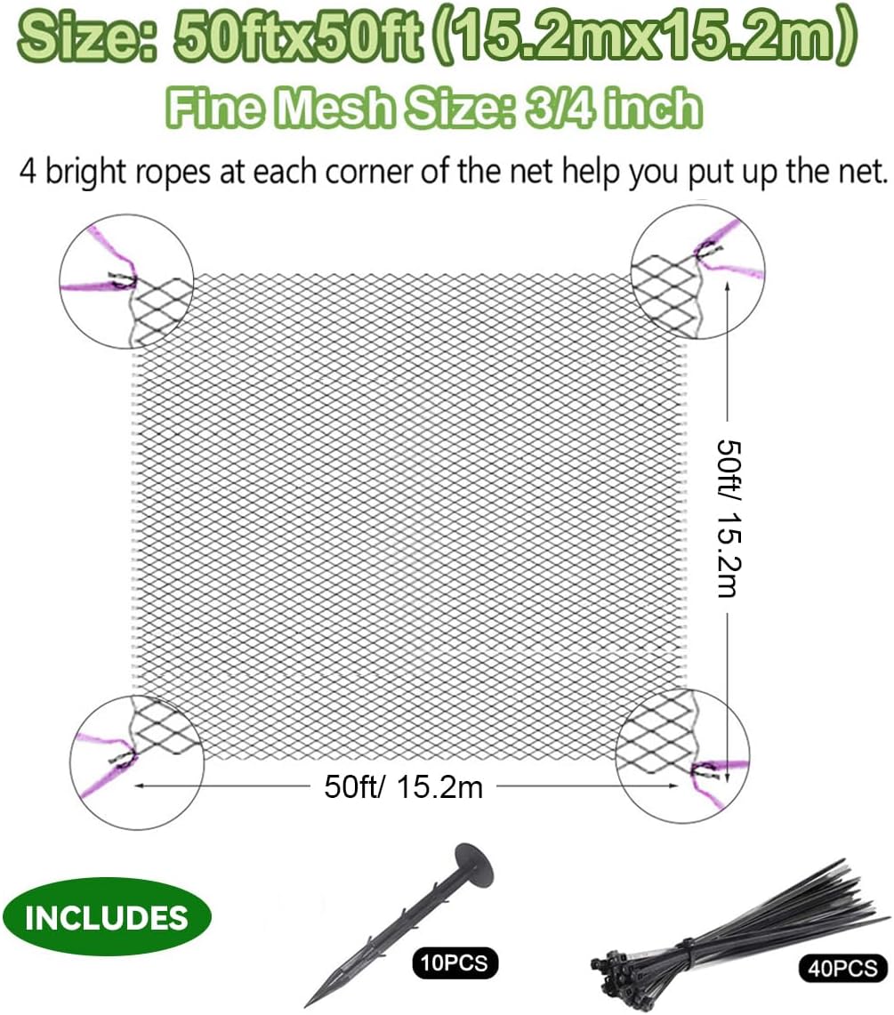 OGORI 50' x 50' Bird Netting Heavy Duty Nylon 3/4" Mesh Garden Netting Protect Fruit Trees, Plants and Vegetables