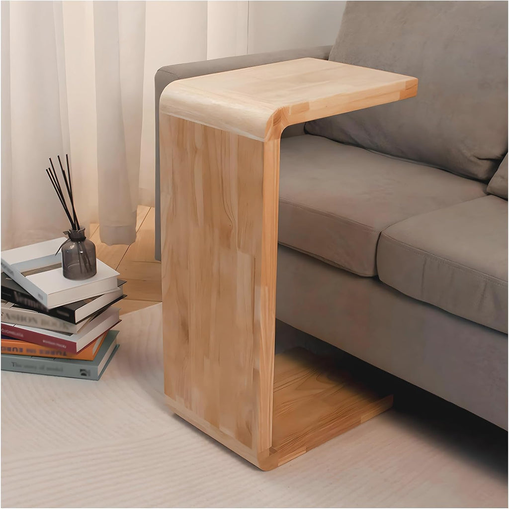 C-Shaped Side Table, Solid Wood End Table for Couch Sofa and Bed, Wooden C Tables for Living Room Bedroom, Small Snack Tray Table for Space Saving (1, 24.4" H-Natural)