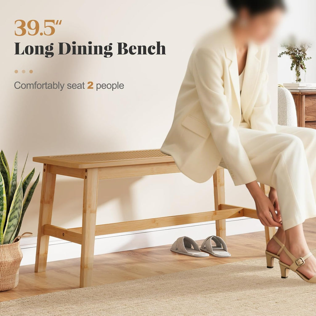 Giantex 39.5" Bamboo Dining Bench with Handwoven Rattan Seat, 600lbs Capacity, Shoe Ottoman, Kitchen Table Bench for Indoor Outdoor, Bedroom, Bathroom, Front Door, End of Bed, Entryway (Natural)