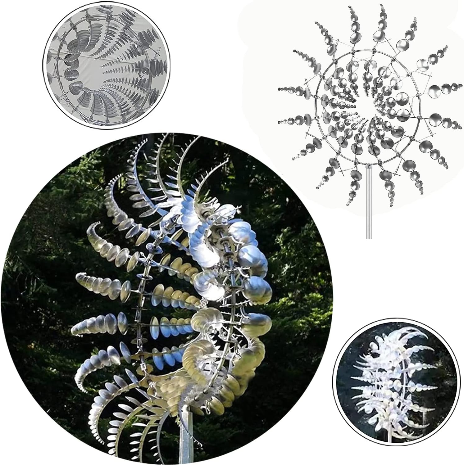 Magical Metal Windmill, Stainless Steel Windmill,Kinetic Metal Wind Spinners Garden Stake, 3D Wind Sculptures Move with The Wind Lawn Solar Wind Catcher Outdoor Patio Garden Decoration (SILVER-2PCS)