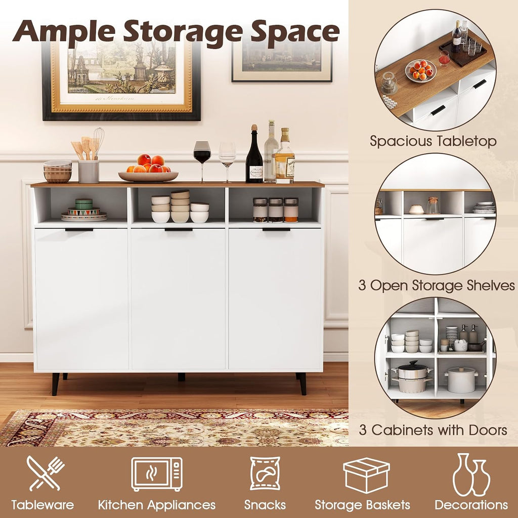 LOKO 47" W Buffet Sideboard, Kitchen Storage Cabinet with 3 Open Compartments, 3 Doors, 5-Position Adjustable Shelves, Coffee Bar Cabinet, Accent Sideboard for Living Room, White