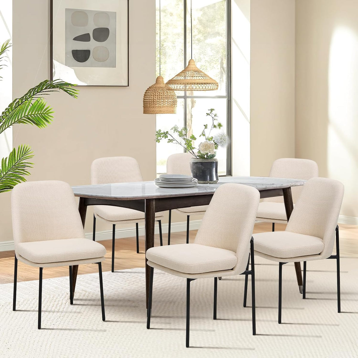 COLAMY Upholstered Dining Chairs Set of 6, Beige | Modern Dining Room Chairs with Curved Back, Dinner Chair Kitchen Chairs and Metal Legs