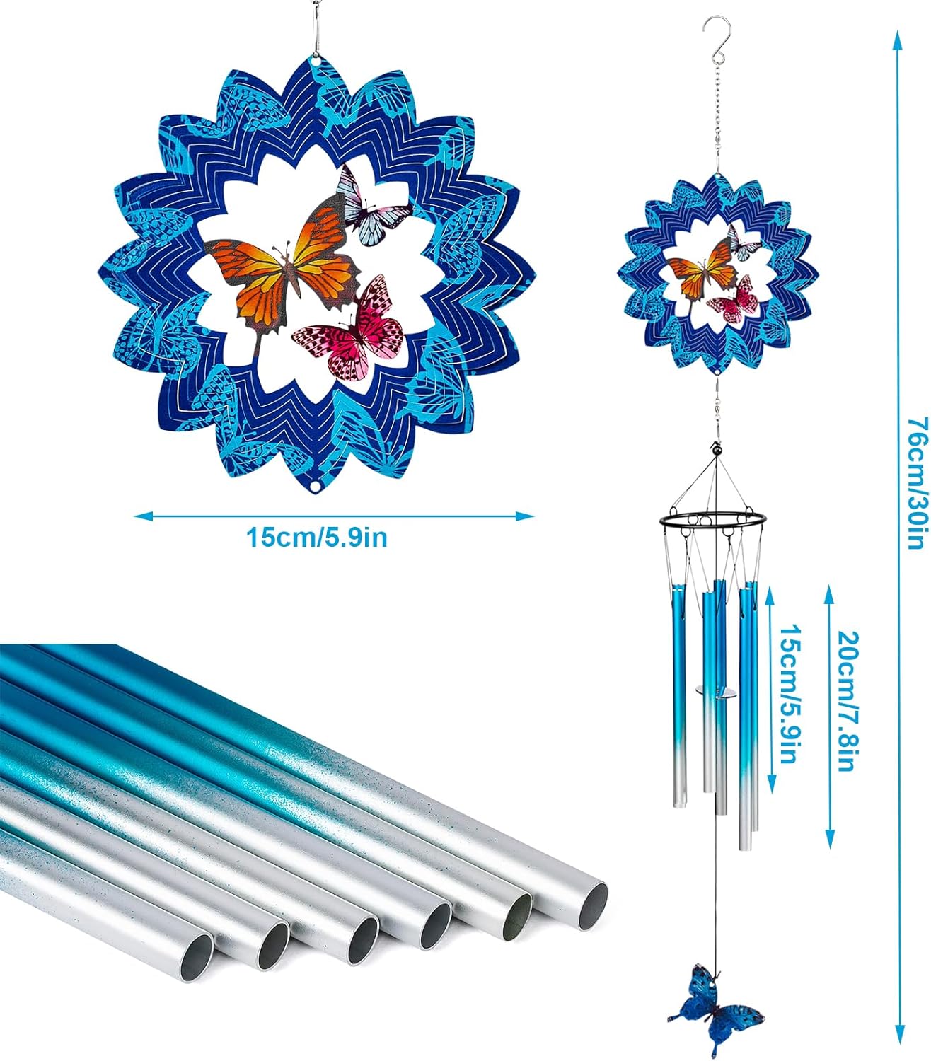 TUOKING Wind Chimes for Outside 3D Butterfly Wind Spinner Windchimes Outdoor Yard Hanging Decor for Garden Patio, Unique Gift for Mom,Women,Chimes Lovers