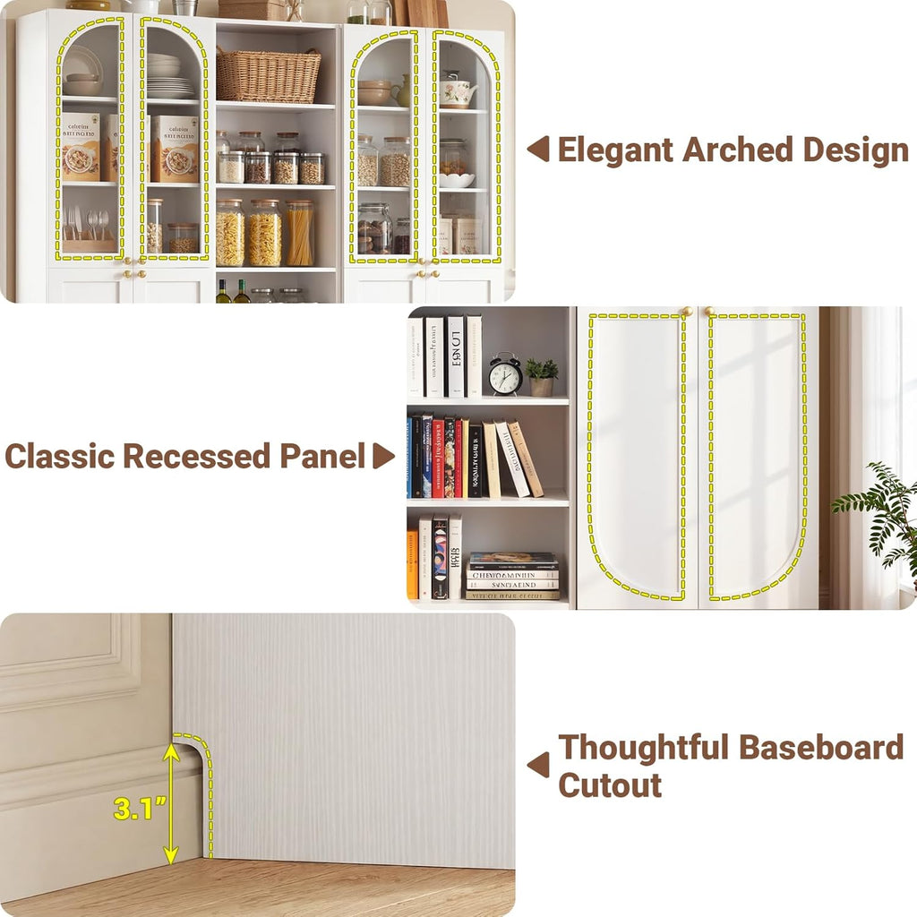 Cyclysio 80" Tall Pantry System with 4 Tempered Glass Doors, Arched Corner Pantries with 6-Tier Open Shelves, Wooden Cupboard Storage Organizer with Baseboard Cutout for Living Room