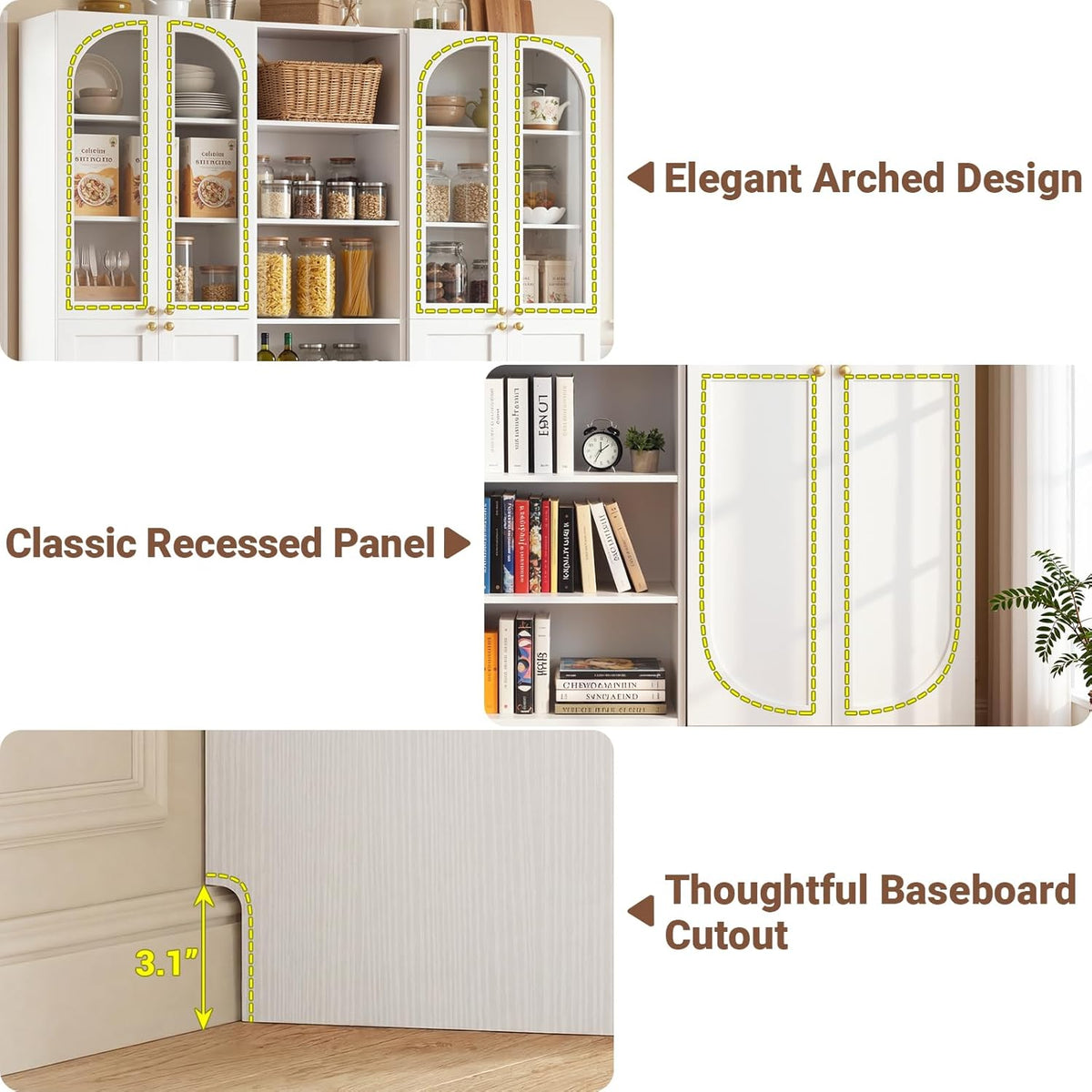 Cyclysio 80" Tall Pantry System with 4 Tempered Glass Doors, Arched Corner Pantries with 6-Tier Open Shelves, Wooden Cupboard Storage Organizer with Baseboard Cutout for Living Room