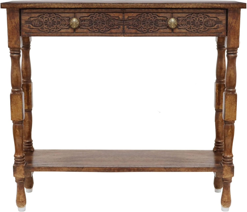 COTTON CRAFT Solid Wood Console Table - Hand Carved Accent Sofa Table | Antique Brown 36W x 32H x 11D Table with 2 Drawers- Small Space Hallway Entryway Transitional Traditional Farmhouse Furniture