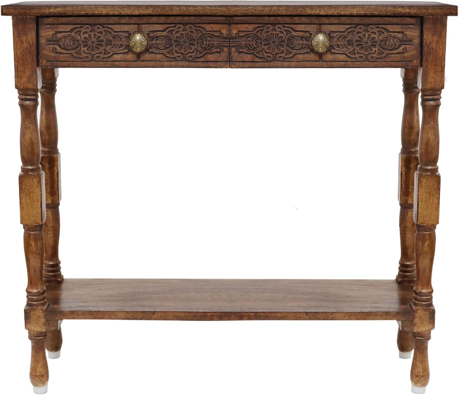 COTTON CRAFT Solid Wood Console Table - Hand Carved Accent Sofa Table | Antique Brown 36W x 32H x 11D Table with 2 Drawers- Small Space Hallway Entryway Transitional Traditional Farmhouse Furniture