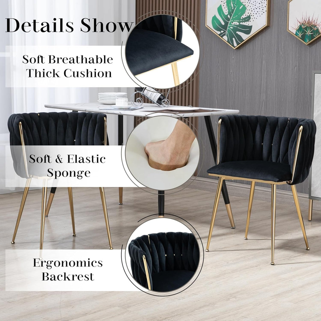 Modern Gold Glass Dining Table Set for 4, 51'' Clear Glass Top Rectangular Dinner Room Table Set, 5 PCS Luxury Kitchen Table Set, Black Woven Chair for Kitchen Apartment Living Room