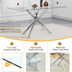 7 Piece Glass Dining Table Set, Glass Kitchen Dining Room Table Set for 6, 61" Modern Rectangular Silver Glass Metal Dining Table with 6 White PU Leather Dining Chairs for Kitchen Dining Room