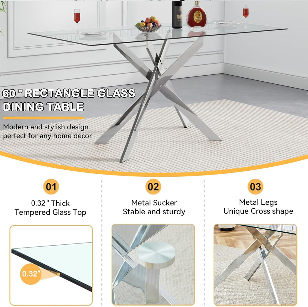 61" Rectangle Glass Dining Table for 4-6, Luxury Kitchen Table with Tempered Glass Top and Silver Metal Cross Legs, Modern Glass Dinner Table for Kitchen Dining Room Small Apartment