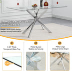 61" Rectangle Glass Dining Table for 4-6, Luxury Kitchen Table with Tempered Glass Top and Silver Metal Cross Legs, Modern Glass Dinner Table for Kitchen Dining Room Small Apartment