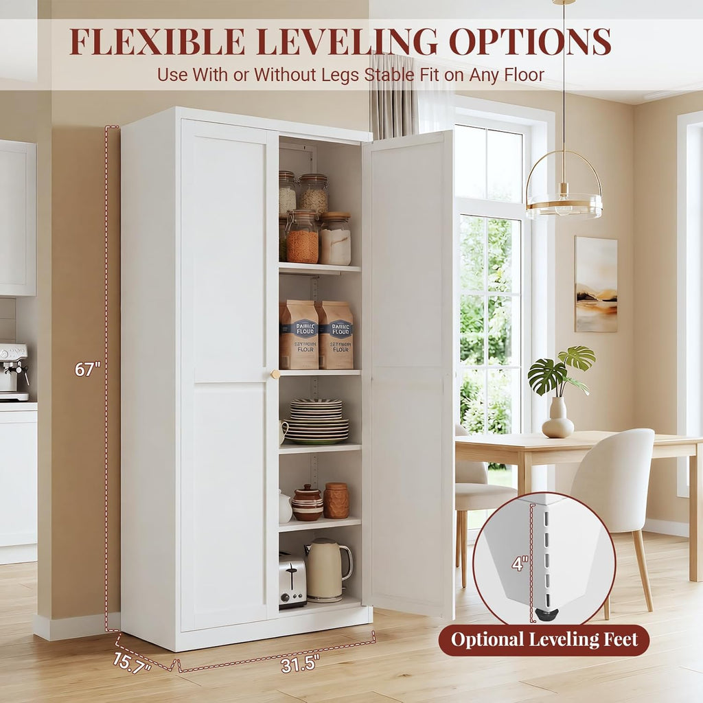 71" Metal Kitchen Pantry Cabinet with Dual Handles & Adjustable Legs, Freestanding Storage Cabinet with Doors and 4 Adjustable Shelves, Tall Food Pantry for Kitchen Dining Room, White