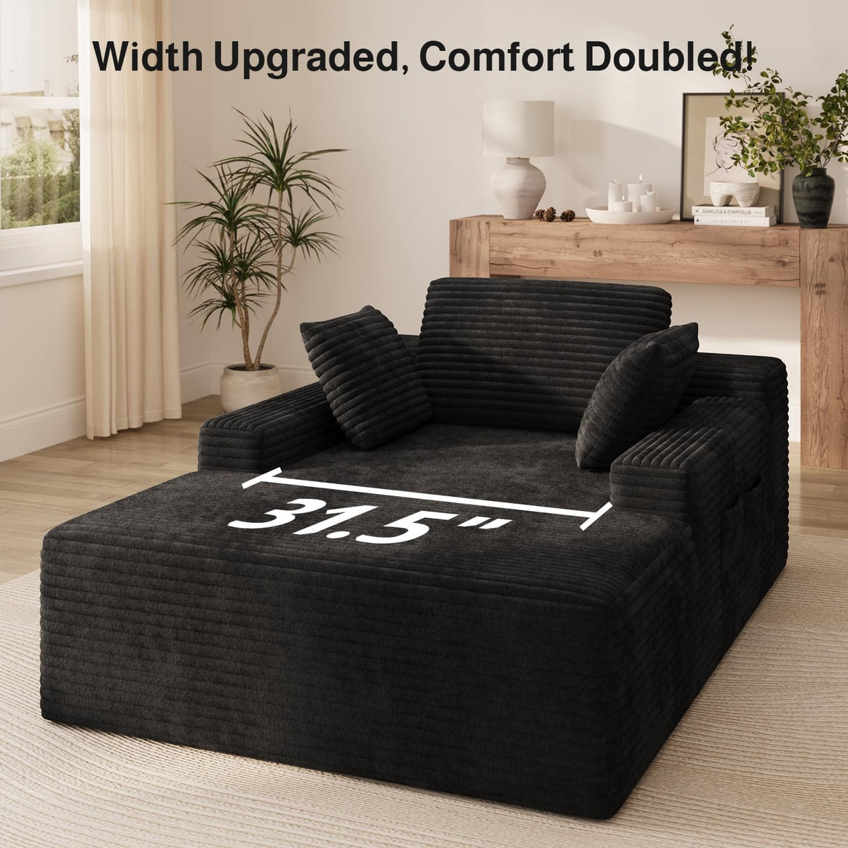 Ahomly 67" Chair, Chaise Lounge Chair Indoor with 3 Pillows, Black | No-Assembly Corduroy Chaise Lounge;Oversized chaise lounge with Side Pockets;Pet-Friendly Fuzzy Reading Chair