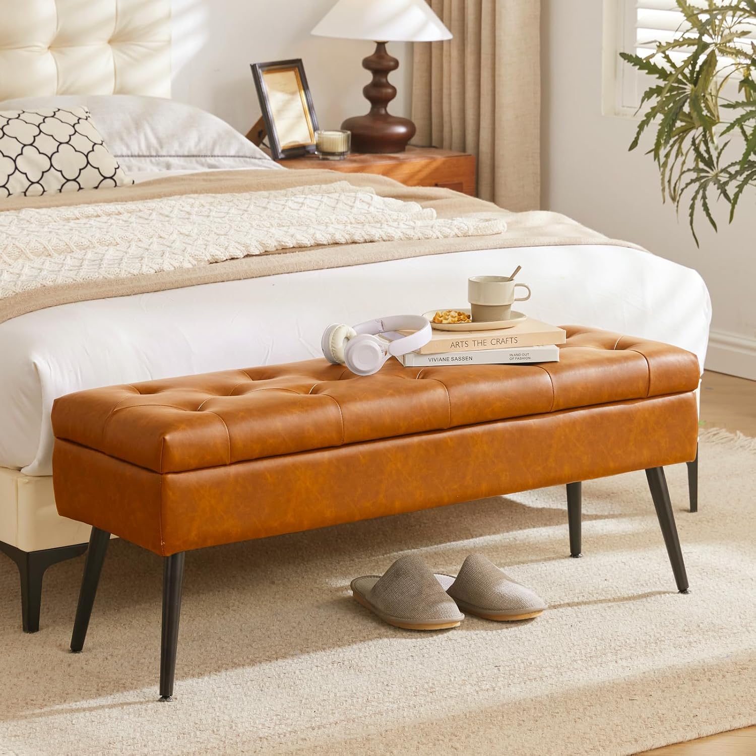 Storage Ottoman Long Upholstered Entryway Bench, 40" Cognac Brown | Large Flip-Top Entry Shoe Bench Dining Seat for Living Room Bedroom End of Bed Couch, Support 660lbs, Faux Leather