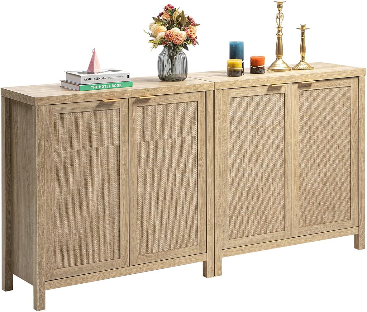 SICOTAS Rattan Sideboard Buffet Cabinet with Large Storage : Boho Credenza Coffee Bar Cabinet with Adjustable Shelves, Farmhouse Console Table for Kitchen, Living Room, Entryway, Natural, 2 Pieces