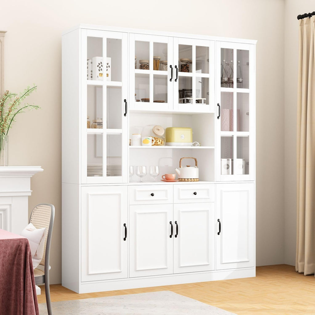 MOUMON Large Kitchen Hutch Storage Cabinet with Adjustable Shelves & Glass Doors, Pantry Organization and Kitchen Storage with Drawers, White (63”W x 15.7”D x 78.7”H)