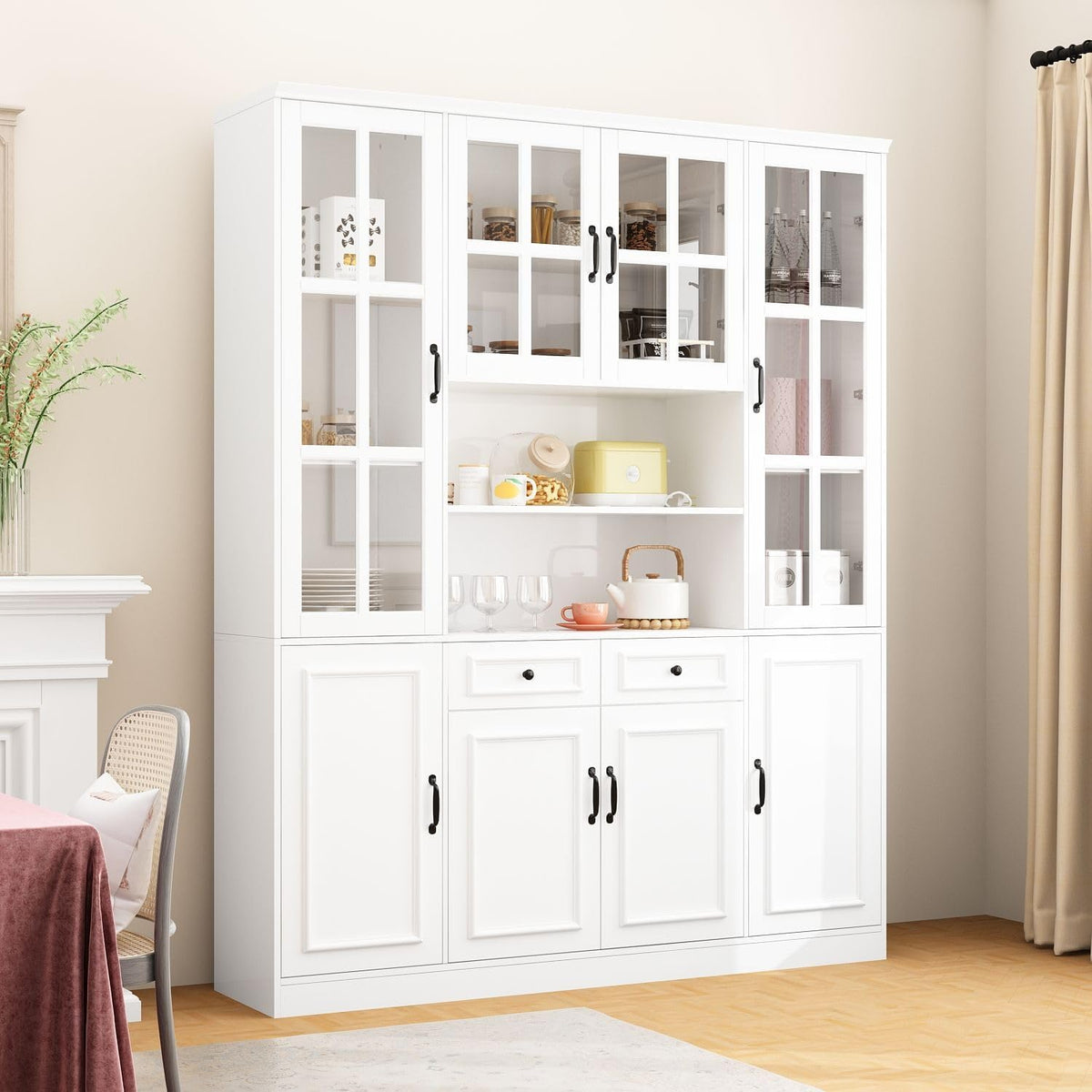 MOUMON Large Kitchen Hutch Storage Cabinet with Adjustable Shelves & Glass Doors, Pantry Organization and Kitchen Storage with Drawers, White (63”W x 15.7”D x 78.7”H)
