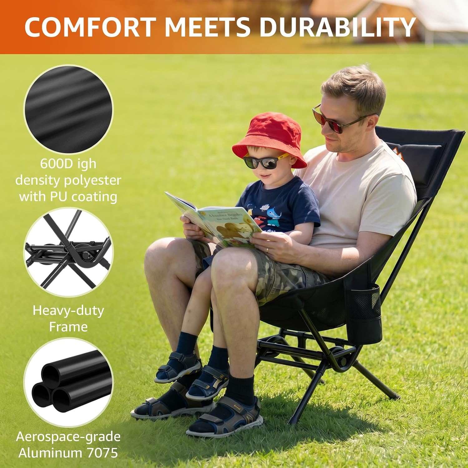 Armless Rocking Camping Chair for Adults, Portable Folding Outdoor Rocker with Spring-Action Technology, Heavy Duty Mesh Camp Chair for Fishing, Tailgating & Picnic, Supports up to 500 lbs, Black