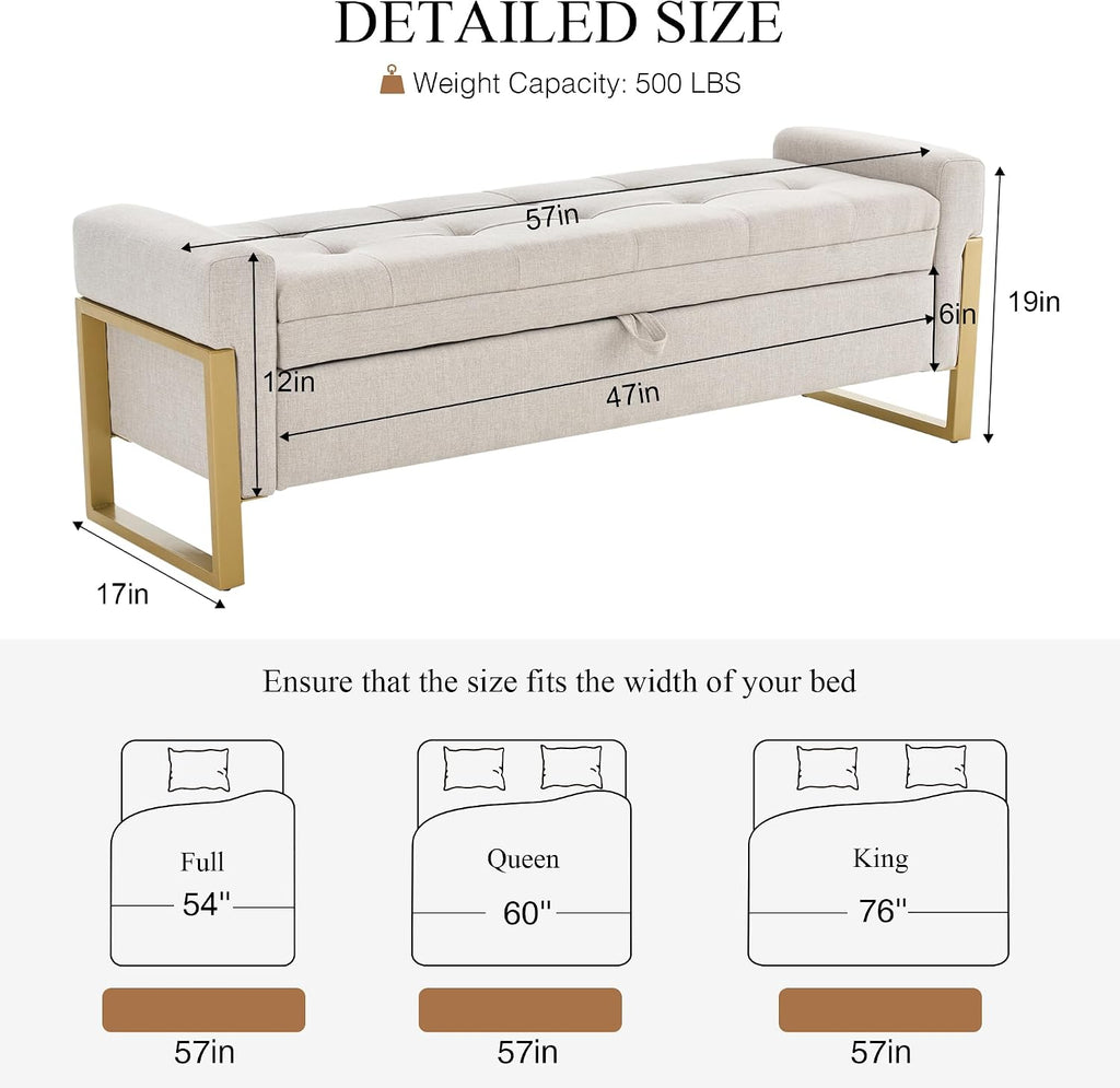 adochr 57" Storage Ottoman Bench, Upholstered End of Bed Bench, Beige | Metal Legs & Button-Tufted, Linen Ottoman with Storage 500 lb Capacity for Living Room, Bedroom, Entryway