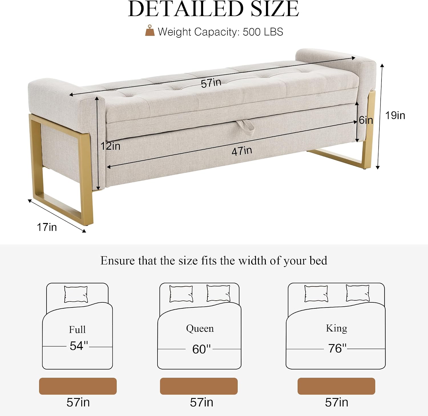 adochr 57" Storage Ottoman Bench, Upholstered End of Bed Bench, Beige | Metal Legs & Button-Tufted, Linen Ottoman with Storage 500 lb Capacity for Living Room, Bedroom, Entryway