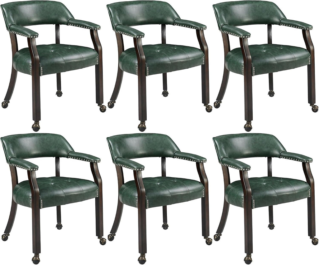 Set of 6 Dining Leather ArmChairs with Casters,Green PU, 360° Move | Accent Kitchen Chairs with Wheels, Captain's Rolling Poker Table Chair Set, Button Tufted Cushion, Open Back, for Home Office