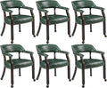 Set of 6 Dining Leather ArmChairs with Casters,Green PU, 360° Move | Accent Kitchen Chairs with Wheels, Captain's Rolling Poker Table Chair Set, Button Tufted Cushion, Open Back, for Home Office