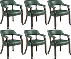 Set of 6 Dining Leather ArmChairs with Casters,Green PU, 360° Move | Accent Kitchen Chairs with Wheels, Captain's Rolling Poker Table Chair Set, Button Tufted Cushion, Open Back, for Home Office