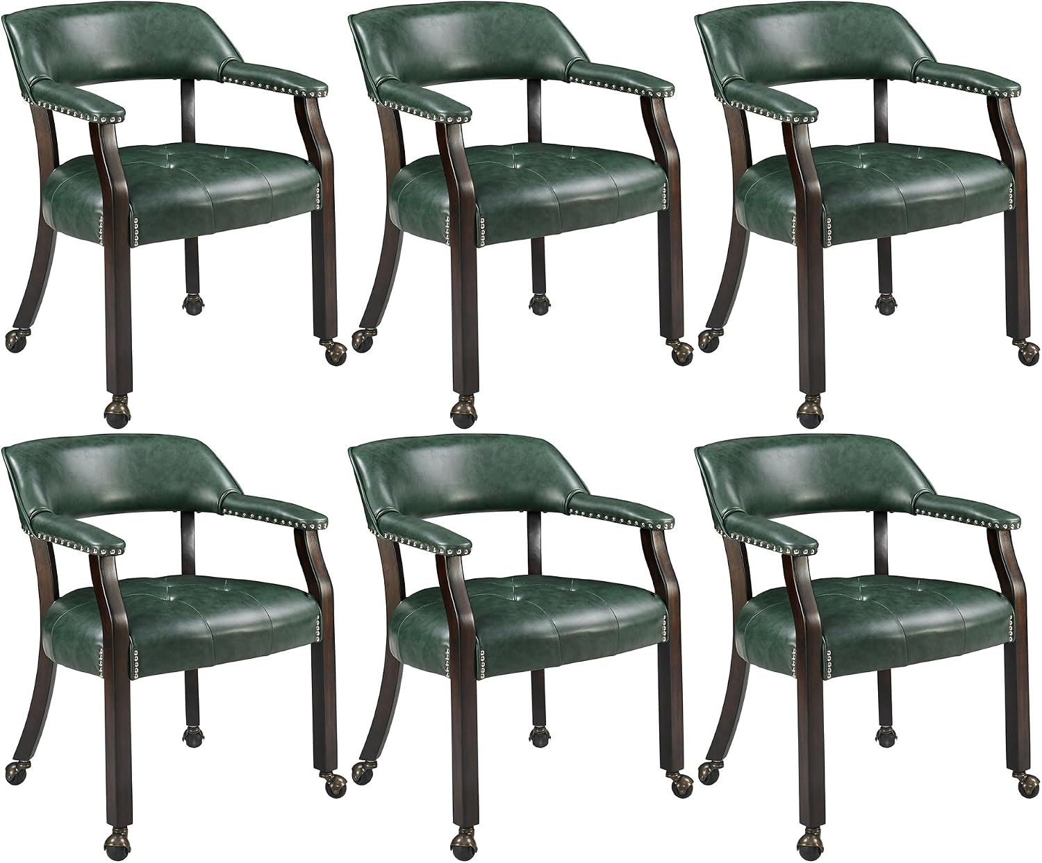 Set of 6 Dining Leather ArmChairs with Casters,Green PU, 360° Move | Accent Kitchen Chairs with Wheels, Captain's Rolling Poker Table Chair Set, Button Tufted Cushion, Open Back, for Home Office