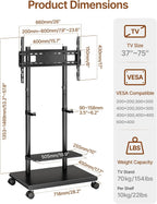 Rolling TV Stand with Soundbar Mount for 37-75inch TVs up to 154lbs | Swivel&Tilt Mobile TV Stand with Large Storage,Height Adjustable,Steel Base,Max VESA 600x400mm,Sturdiness,Easy Assembly,Black