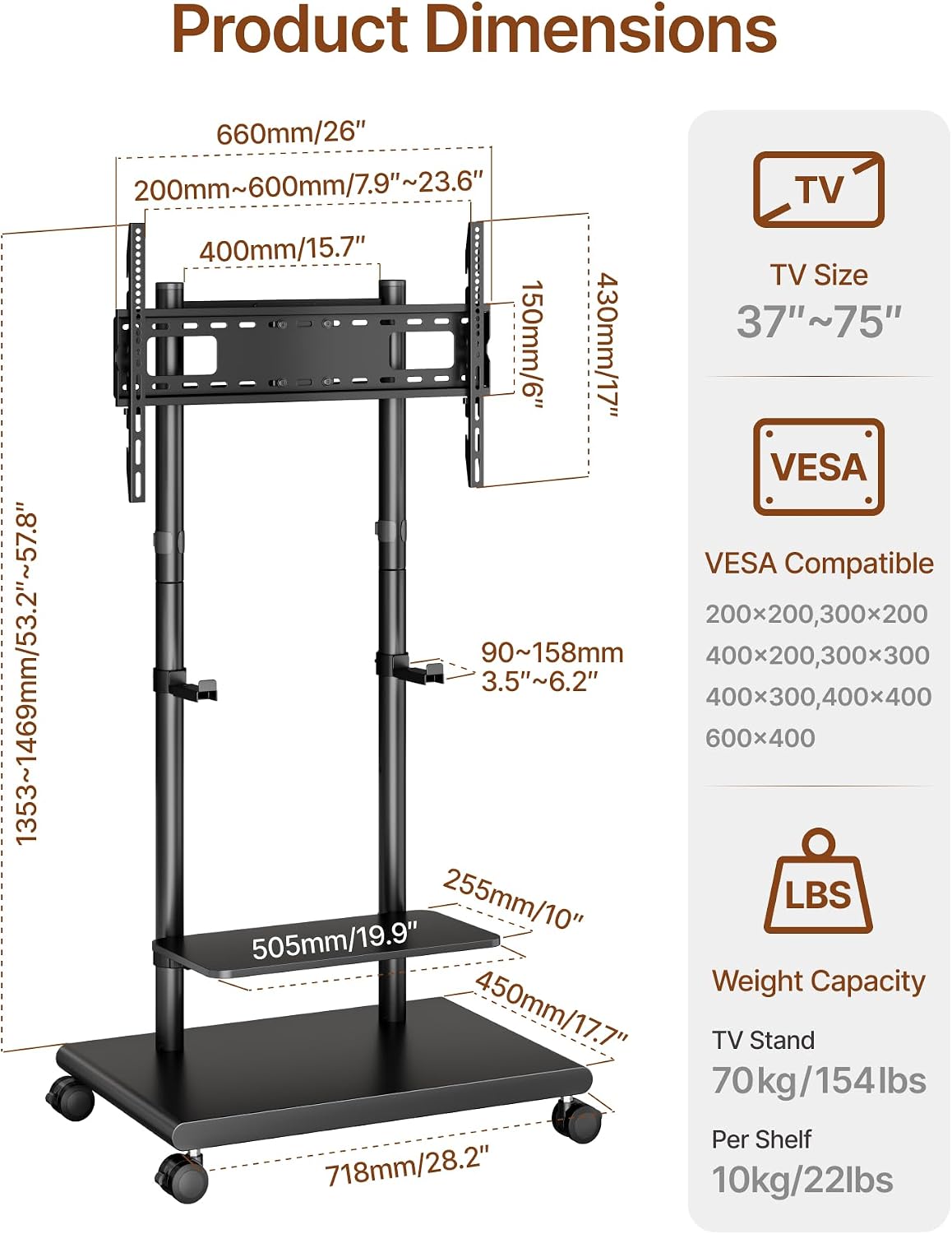Rolling TV Stand with Soundbar Mount for 37-75inch TVs up to 154lbs | Swivel&Tilt Mobile TV Stand with Large Storage,Height Adjustable,Steel Base,Max VESA 600x400mm,Sturdiness,Easy Assembly,Black