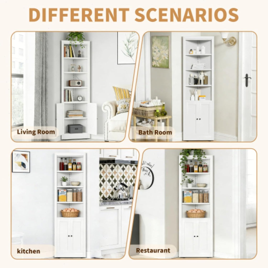 Metal Pantry Storage Cabinet with 4 Adjustable Shelves, 71" Tall Corner Cabinet for Bathroom, Corner Shelf Cabinet for Kitchen, Dining Room, Living Room, Assembly Required(White)