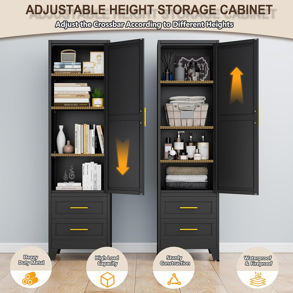 67" Tall Narrow Metal Storage Cabinet, Freestanding Pantry Organizer, Black | Slim Bathroom Cabinets with 2 Drawers & 3 Adjustable Shelves, Multi-Use Cupboard for Kitchen Office Living＆ Dining Room