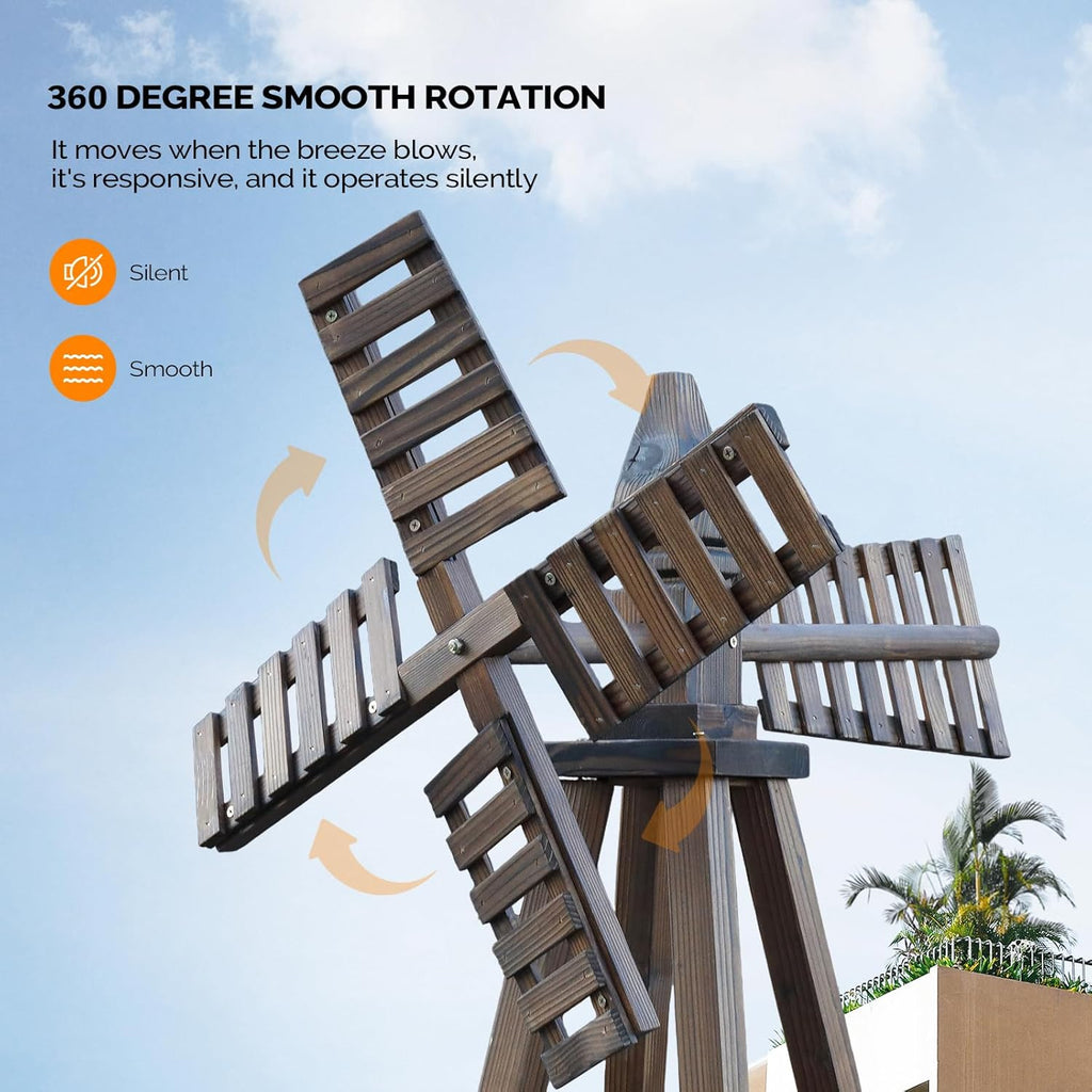 Wooden Windmill, Weather-Proof Wind Spinner, Outdoor Wind Mill for Garden Lawn Patio Decoration (Carbonized, Medium)