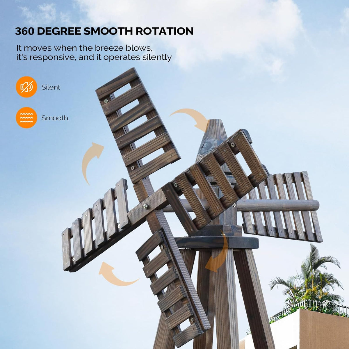 Wooden Windmill, Weather-Proof Wind Spinner, Outdoor Wind Mill for Garden Lawn Patio Decoration (Carbonized, Medium)