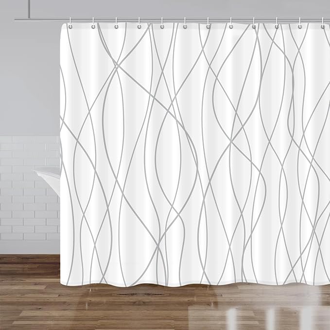Punkray Grey and White Striped Polyester Shower Curtain for Bathroom with Hooks, Shower Curtains for Bathroom Decor, Waterproof Bath Accessories Hotel Style - Machine Washable 96 x 72