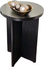 Fluted Side Table, Small Oak End Tables, Round Top, Living Room Side Table, Solid Natural Oak Wood X Base, Black Accent Bedside Table With Double Veneer Top, Size 22.5 with Levelers Included