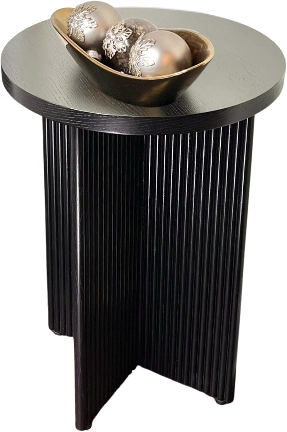 Fluted Side Table, Small Oak End Tables, Round Top, Living Room Side Table, Solid Natural Oak Wood X Base, Black Accent Bedside Table With Double Veneer Top, Size 22.5 with Levelers Included