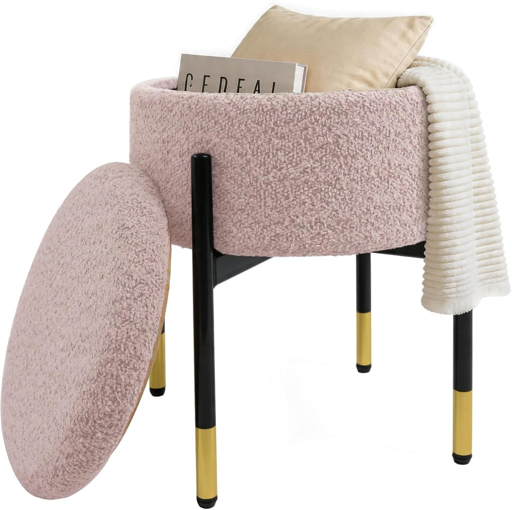 Round Ottoman with Storage, Soft Velvet Vanity Stool, Ottoman Coffee Table with Metal Legs, Foot Stool for Living Room Bedroom, Pink